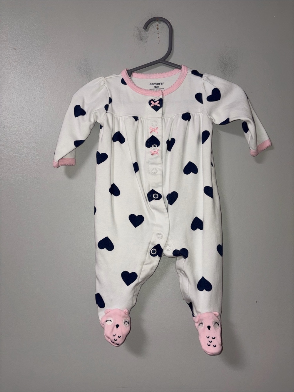 Carters White Pink & Navy Hearts Snap Footie Sleeper Girls 0-3M